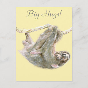 Sloth, baby with mum cuddling "Big Hugs" Postcard