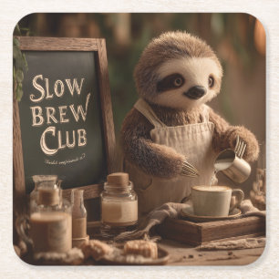 Sloth Barista "Slow Brew Club" Cafe Illustration Square Paper Coaster