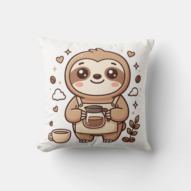 Sloth Barista Throw Pillow (Front)