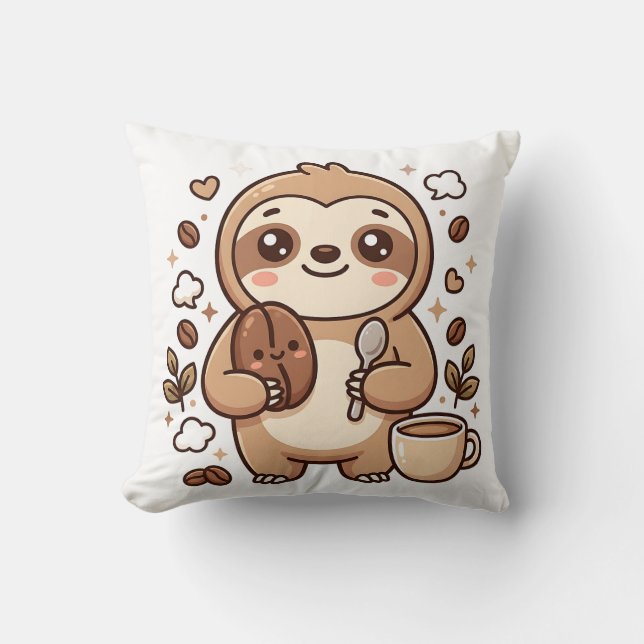 Sloth Bean Spoon Throw Pillow Kawaii (Front)