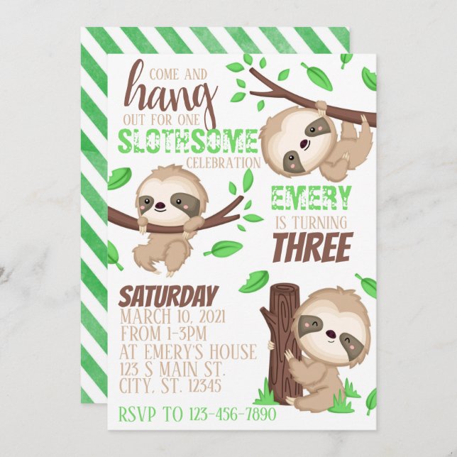 Sloth Birthday  Invitation (Front/Back)
