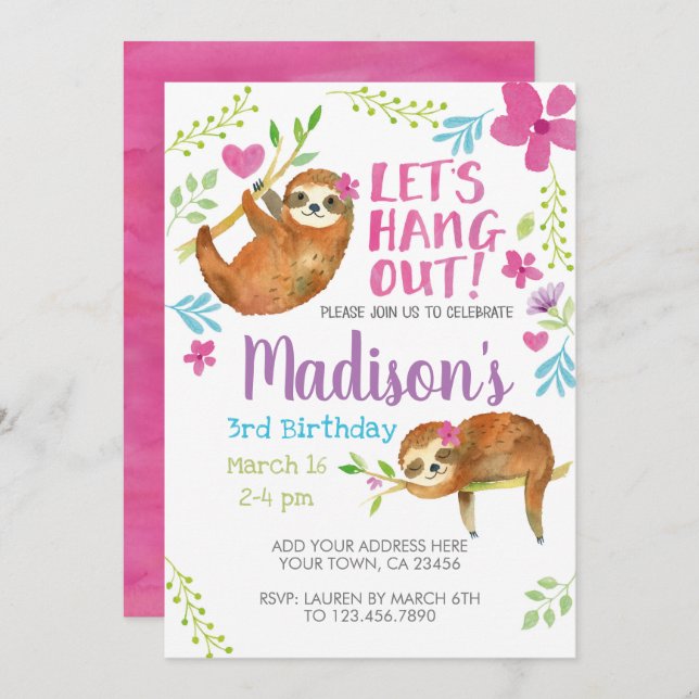 Sloth Birthday Invitation (Front/Back)