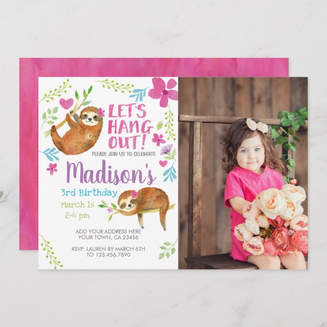 Sloth Birthday Invitation (Front/Back)