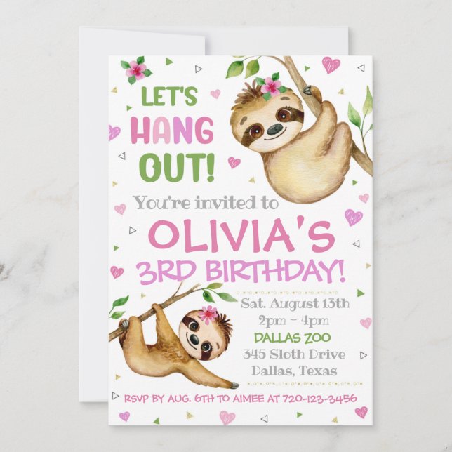 Sloth Birthday Invitation | Sloth Invitation (Front)