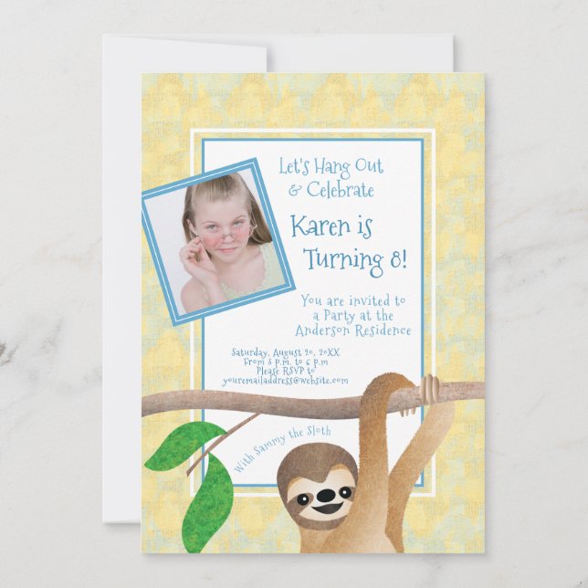 Sloth Birthday Party Hang Out with Childs Photo Invitation (Back)