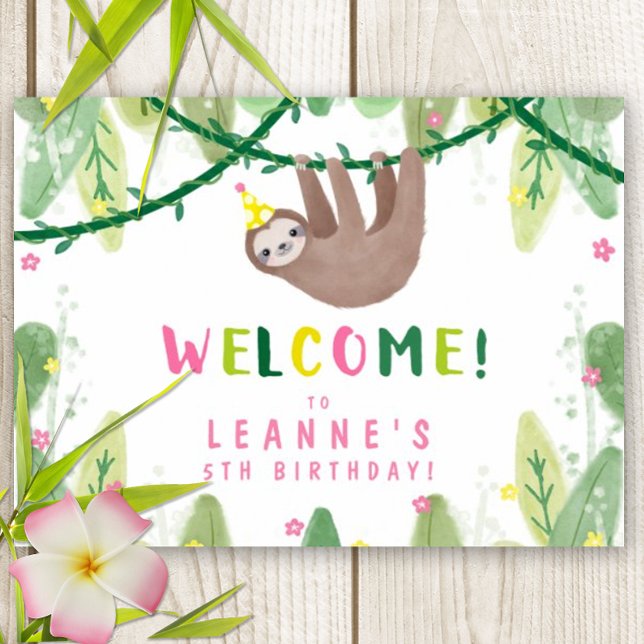 Sloth Birthday Party in Pink & Yellow Welcome Sign (Super cute sloth Welcome Party Poster)