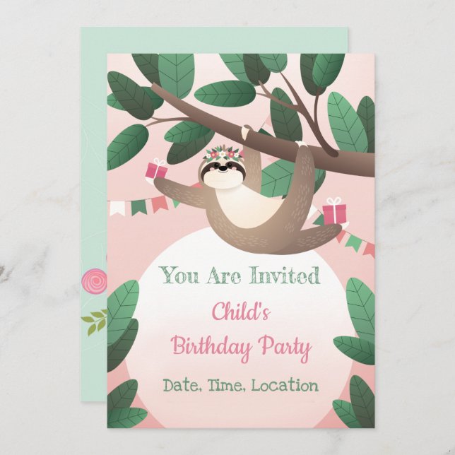 Sloth Birthday Party Invitation (Front/Back)
