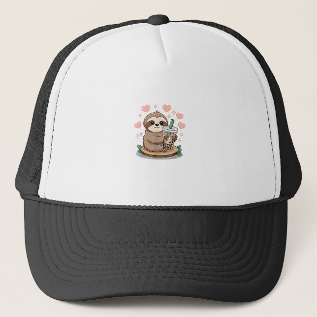 Sloth Boba Tea Bubble Tea T-Shirt Trucker Hat (Front)