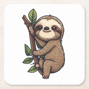 Sloth cartoon illustration square paper coaster