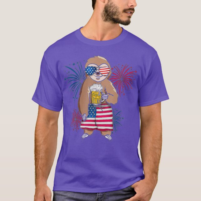 Sloth Cheer Beer American Flag Fireworks Day T-Shirt (Front)
