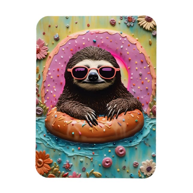 Sloth Chilling in a Floating Doughnut Funny Collag Magnet (Vertical)