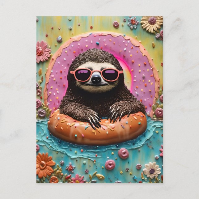 Sloth Chilling in a Floating Doughnut Funny Collag Postcard (Front)