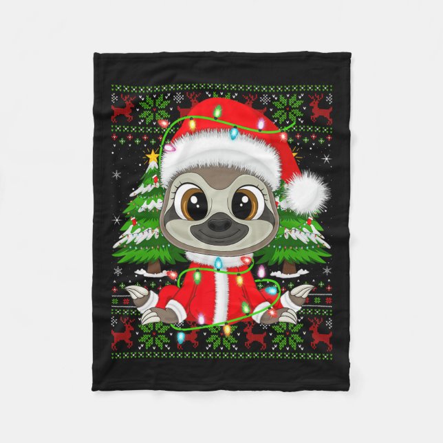 Sloth Christmas Lights Santa Costume Ugly Xmas Swe Fleece Blanket (Front)