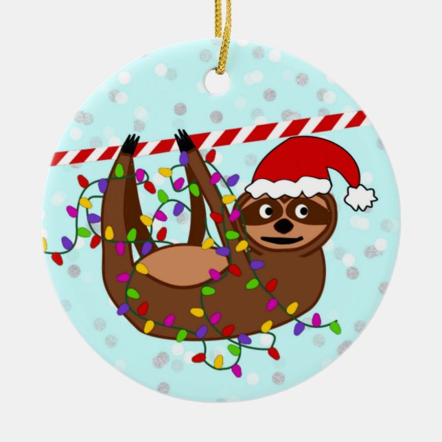 Sloth Christmas Ornament, Christmas Lights, Ceramic Tree Decoration (Front)