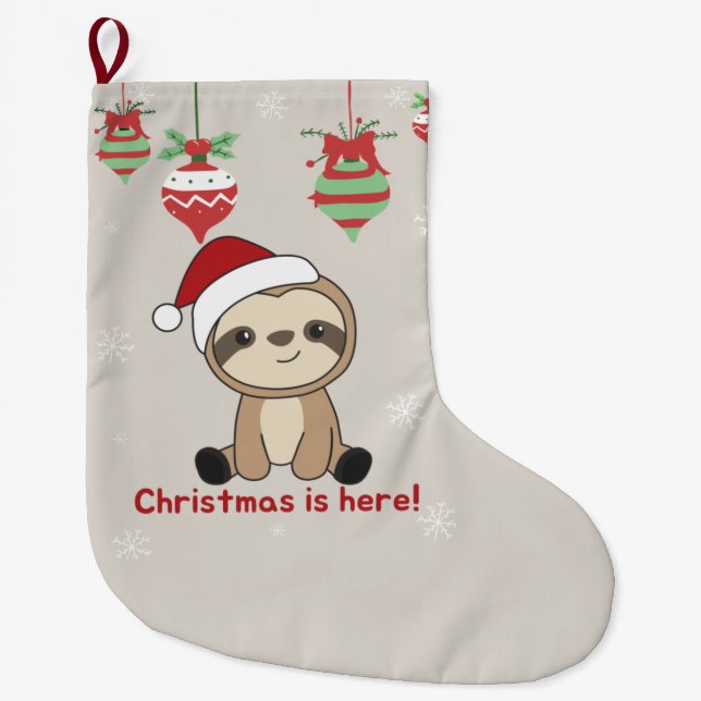 Sloth Christmas Snow Winter Animals Sloths Large C Large Christmas Stocking (Front)