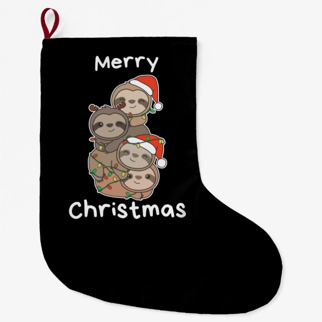 Sloth Christmas Tree Christmas Animals Sloths Large Christmas Stocking (Front)