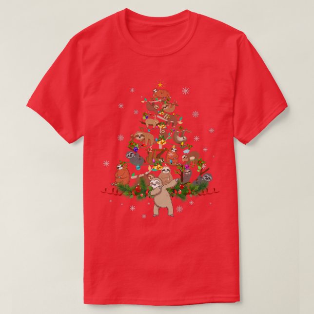 Sloth Christmas Tree Lights Santa Hat Funny Sloth  T-Shirt (Design Front)