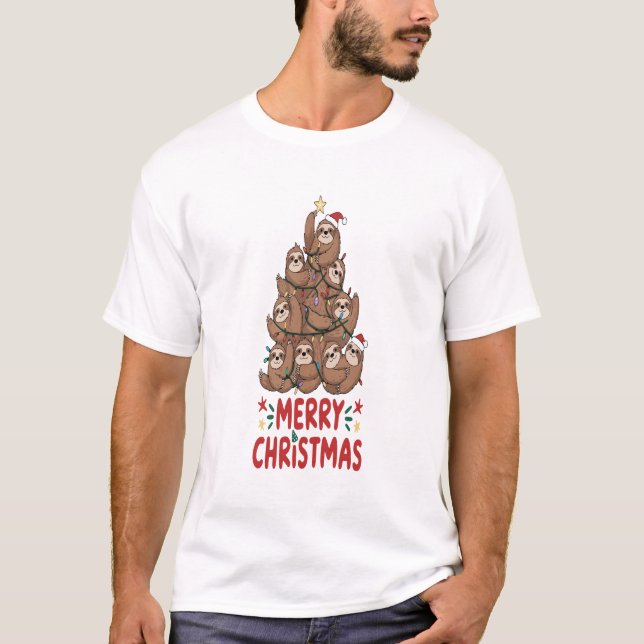 Sloth Christmas Tree Merry Holiday T-Shirt (Front)