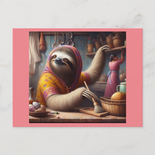Sloth Cleaning a Kitchen Postcard (Front)