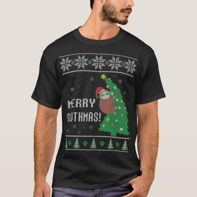 Sloth Climbing A Christmas Tree Ugly Christmas Sty T-Shirt (Front)