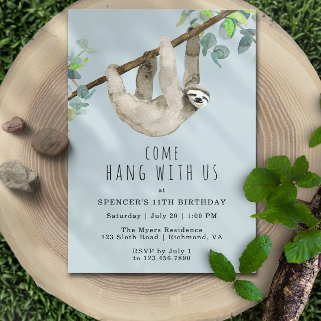 Sloth Come Hang | Sky Blue Fun Kids Birthday Party Invitation (Creator Uploaded)