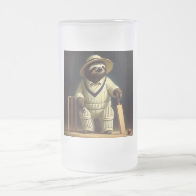 Sloth Cricket Player Frosted Glass Beer Mug (Center)