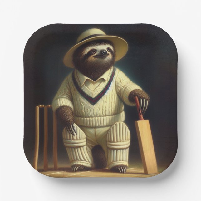 Sloth Cricket Player Paper Plate (Front)