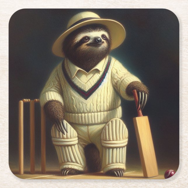 Sloth Cricket Player Square Paper Coaster (Front)