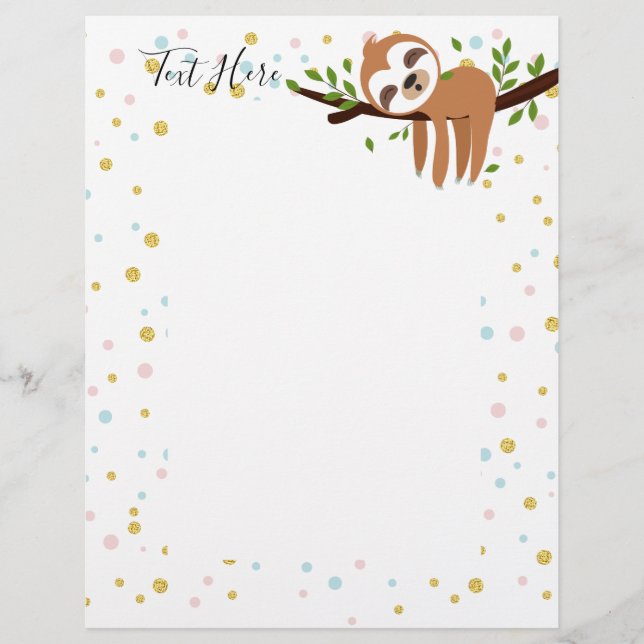 sloth, cute sloth, animal illustration custom letterhead (Front)