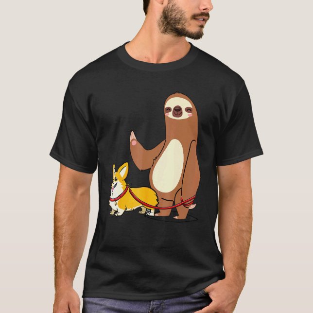 Sloth Dog Walking With Corgi T-Shirt (Front)