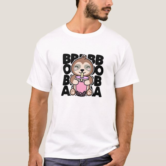 Sloth Drinking Boba Cute Kawaii Bubble Tea T-Shirt (Front)