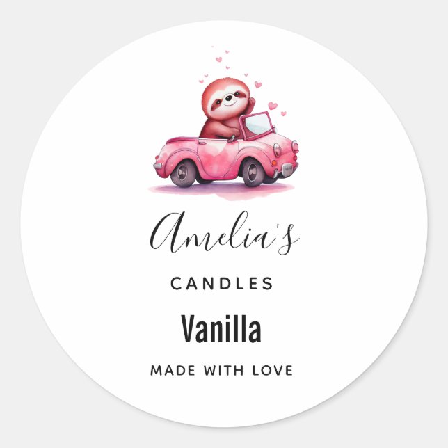 Sloth Driving a Pink Convertible Candle Business Classic Round Sticker (Front)