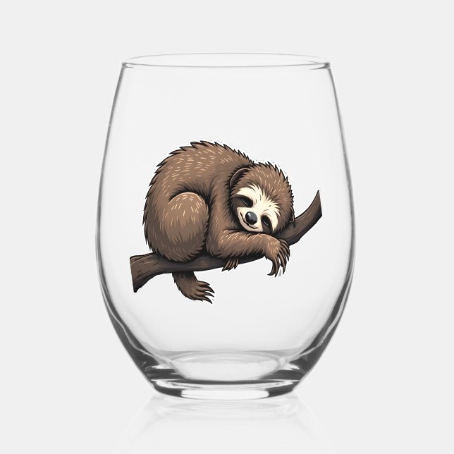 Sloth Etched Art Retro Nature Tee (2) Stemless Wine Glass (Front)