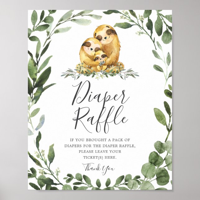 Sloth Family Baby Shower Diaper Raffle Sign (Front)