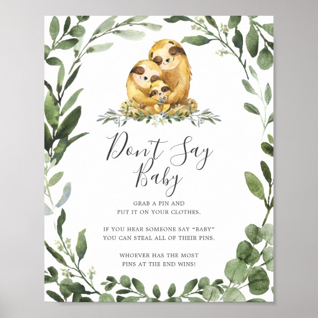 Sloth Family Baby Shower Don't Say Baby Sign (Front)