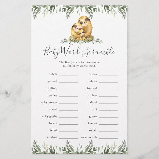 Sloth Family Baby Shower Word Scramble Game (Front)