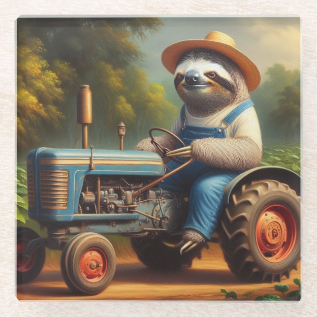 Sloth Farmer Glass Coaster (Front)