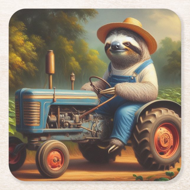 Sloth Farmer Square Paper Coaster (Front)