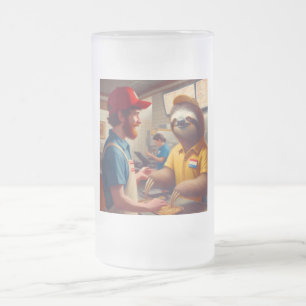 Sloth Fast Food Worker Frosted Glass Beer Mug