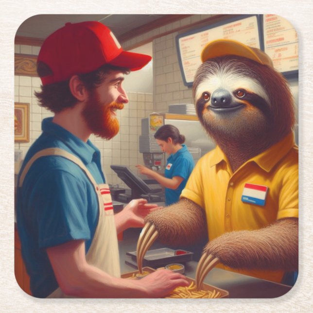 Sloth Fast Food Worker Square Paper Coaster (Front)