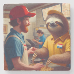 Sloth Fast Food Worker Stone Coaster