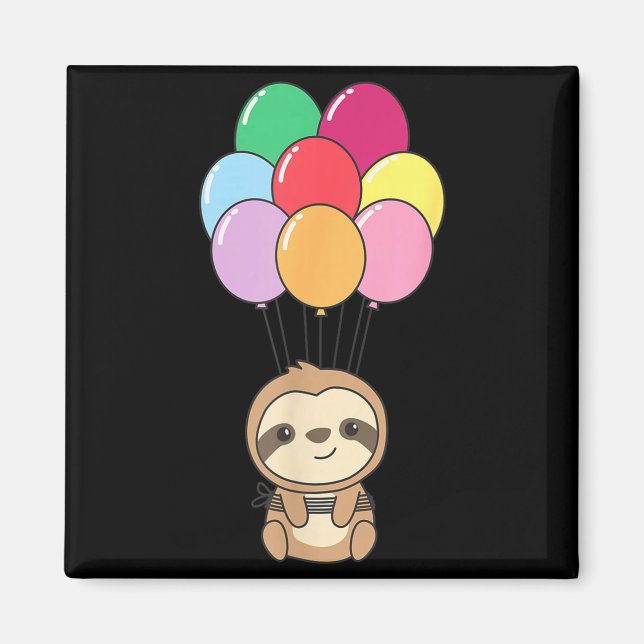 Sloth Flies Up With Colorful Balloons Kawaii Sloth Magnet (Front)