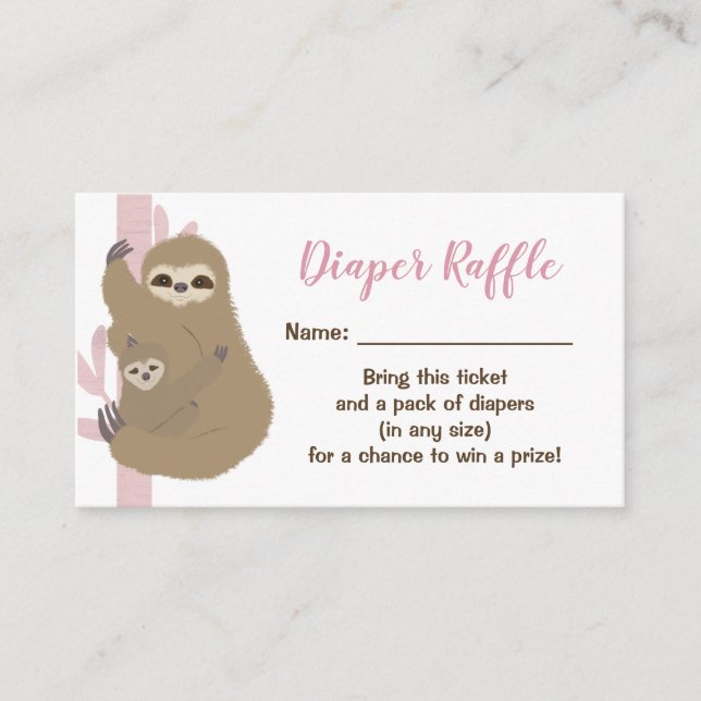 Sloth Girl Baby Shower Diaper Raffle Enclosure Card (Front)
