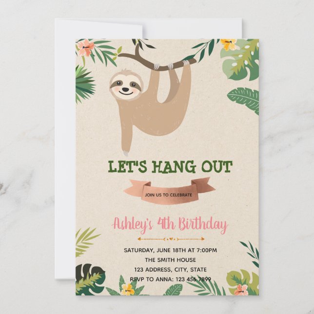 Sloth girl birthday invitation (Front)