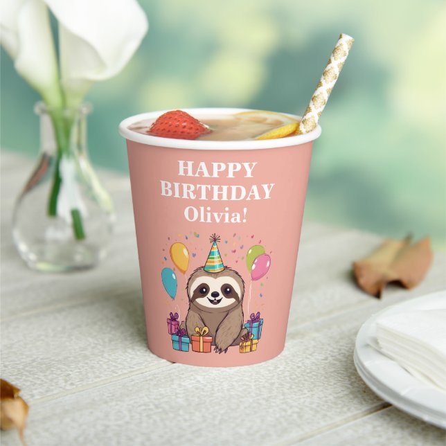 Sloth Girl Happy Birthday Party Pink Personalised Paper Cups (Insitu)