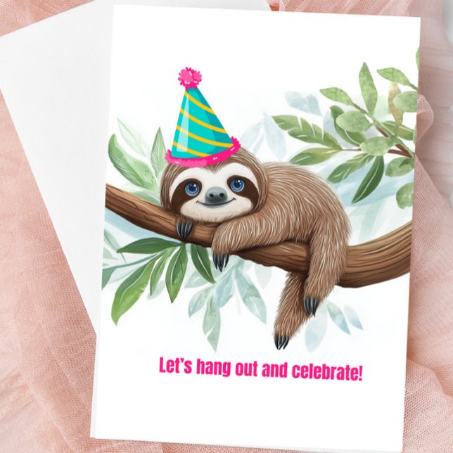 Sloth Greeting Card “Let’s Hang Out and Celebrate" (Cute Sloth Blank Greeting Card)