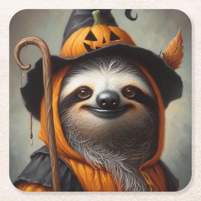 Sloth Halloween Square Paper Coaster (Front)