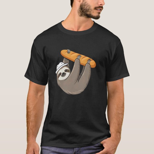 Sloth Hanging From A Baguette Cute Bread Fun T-Shirt (Front)