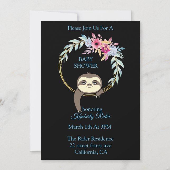 Sloth Hanging Wreath Flower Baby Shower Invitation (Front)