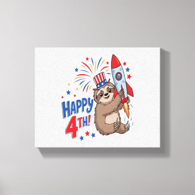Sloth Happy 4th Rocket Fireworks USA Canvas Print (Front)